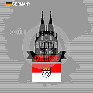 Cologne Cathedral with emblem and flag city on background of Germany map