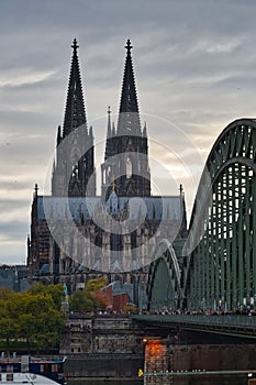 Cologne Cathedral and the Hohenzollern Bridge at dusk
