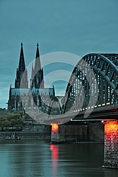 Cologne Cathedral and the Hohenzollern Bridge at dusk