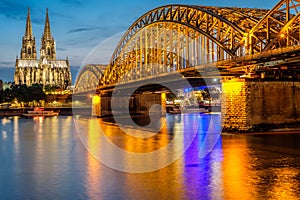 Cologne Cathedral and Hohenzollern Bridge at night, Germany