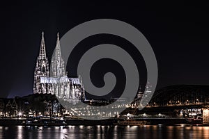 Cologne Cathedral at river rhine night shot