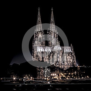 Cologne Cathedral at river rhine night shot