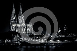 Cologne Cathedral at river rhine night shot