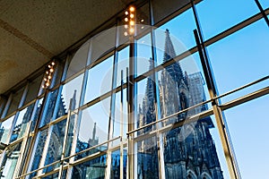 Cologne Cathedral viewed through the glass front of the main station