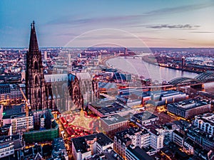 Cologne Germany Christmas market, aerial drone view over Cologne rhine river Germany