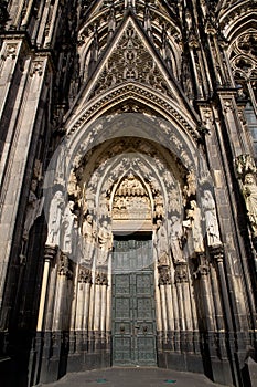 Cologne, Germany - June 05, 2021. Facade of the Cathedral Church of Saint Peter, Catholic cathedral in Cologne