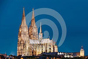 Cologne, Germany. Night View Of Cologne Cathedral. Catholic Gothic Cathedral In Dusk, Evening. UNESCO World Heritage