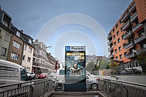 COLOGNE, GERMANY - NOVEMBER 6, 2022: Sign of the U-Bahn of Cologne of the station of Poststrasse. Koln U-Bahn, or Cologne