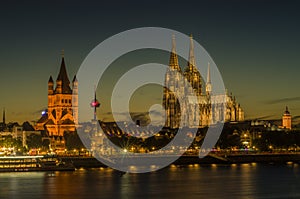 Cologne, Germany, View on Cologne Dome Church, Rhine and City and sundown photo