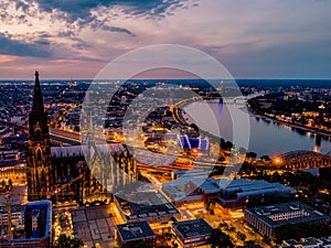 Cologne Koln Cathedral during sunset , drone aerial vie over Cologne and the river rhein during sunset in Germany Europe