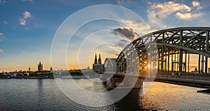 Cologne Germany, sunset panorama city skyline at Cologne Cathedral and Hohenzollern Bridge