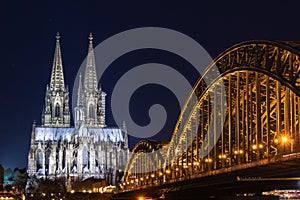 Cologne skyline with Cologne Cathedral and Hohenzollern bridge at night