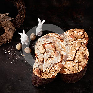 Colomba Pasquale, Italian Easter Dove Sweet Bread Colomba di Pasqua on dark surface. Selective focus. space for text