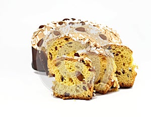 Colomba Pasquale, typical italian easter cake,with some slices in front. The name means Easter Dove in english language photo