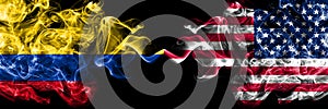 Colombia, Colombian vs United States of America, America, US, USA, American smoky mystic flags placed side by side. Thick colored