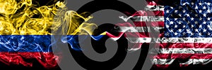 Colombia, Colombian vs United States of America, America, US, USA, American smoky mystic flags placed side by side. Thick colored photo