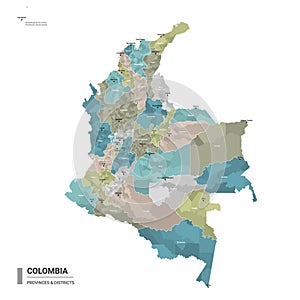 Colombia higt detailed map with subdivisions. Administrative map of Colombia with districts and cities name, colored by states and photo