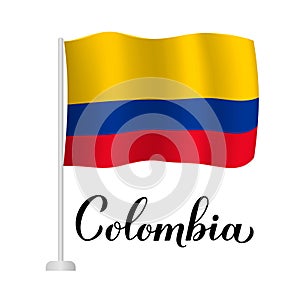 Colombia lettering with national flag isolated on white background. Vector template for typography poster, postcard