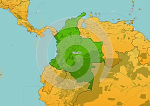 Colombia map showing country highlighted in green color with rest of South America countries in brown