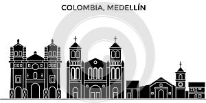 Colombia, Medellin architecture vector city skyline, black cityscape with landmarks, isolated sights on background