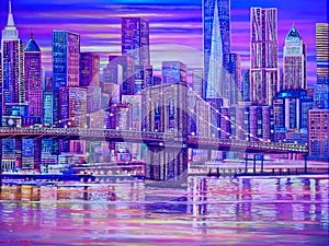 Colombia, Medellin, painting representing New York by night with the Brooklyn Bridge