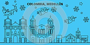 Colombia, Medellin winter holidays skyline. Merry Christmas, Happy New Year decorated banner with Santa Claus.Flat photo