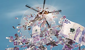 Colombia Pesos COP 50000 banknotes helicopter money dropping 3d illustration
