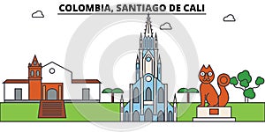 Colombia, Santiago De Cali outline skyline, columbian flat thin line icons, landmarks, illustrations. Colombia, Santiago