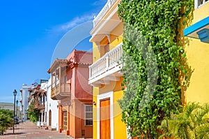 Colombia, Scenic colorful streets of Cartagena in historic Getsemani district near Walled City Ciudad Amurallada photo