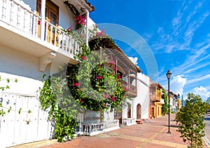 Colombia, Scenic colorful streets of Cartagena in historic Getsemani district near Walled City, Ciudad Amurallada, a photo