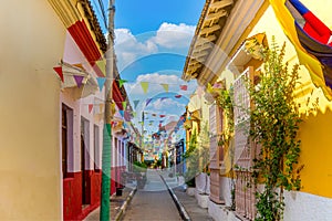 Colombia, Scenic colorful streets of Cartagena in historic Getsemani district near Walled City, Ciudad Amurallada, a photo