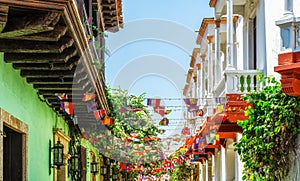 Colombia, Scenic colorful streets of Cartagena in historic Getsemani district photo