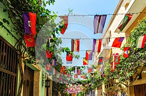 Colombia, Scenic colorful streets of Cartagena in historic Getsemani district photo