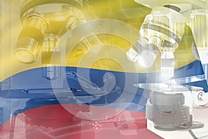 Colombia science development conceptual background - microscope on flag. Research in healthcare or clinical medicine, 3D