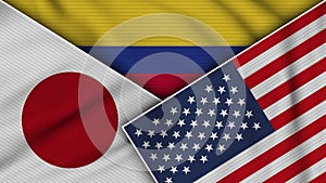 Colombia United States of America Japan Flags Together Fabric Texture Illustration