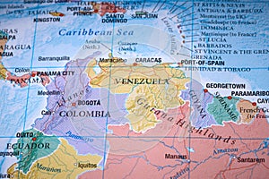 Colombia Venezuela on the world map close up