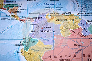 Colombia Venezuela on the world map close up