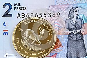 Colombian 2000 peso bank note with a gold Krugerrand coin