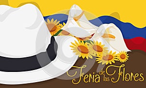 Colombian Arriero Hat, Flag and Floral Arrangement for Flowers Festival, Vector Illustration photo