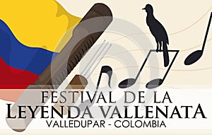 Colombian Flag, Music Notes and Guacharaca for Vallenato Legend Festival, Vector Illustration