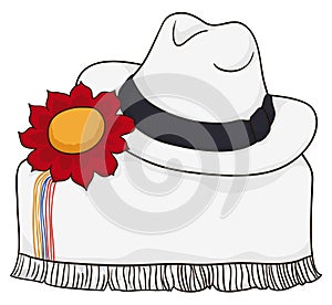 Colombian Paisa attire scene with hat, poncho and red flower, Vector illustration