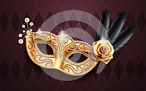 Colombina mask with beads and feather, rose flower