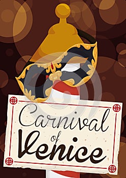Colombina Mask and Sign over Mooring Post for Venetian Carnival, Vector Illustration