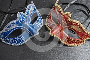 The Colombina, red, blue carnival or masquerade mask