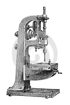 Colomn drill drilling / Antique engraved illustration from Brockhaus Konversations-Lexikon 1908