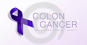 Colon Cancer Awareness Calligraphy Poster Design. Realistic Dark Blue Ribbon. March is Cancer Awareness Month. Vector photo