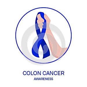 Colon cancer awareness ribbon in hand medical illustration