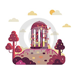 Colonade covered with grapes stands on the ruins of an ancient civilization - vector cartoon illustration in flat design