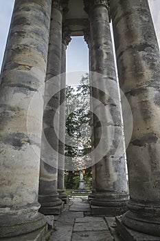 Colonade near the abandoned church in the evening