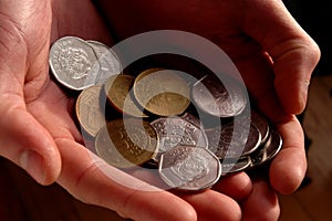 Colones coins from costa rica in two hands